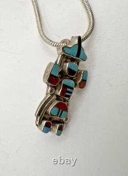 Zuni Kachina Dancer Pendant Chain Turquoise Coral Pin Selena Jake Sterling 6.11g