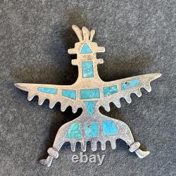 Zuni Knifewing Flush Inlay Turquoise Sterling Silver Brooch Older Vintage Dw