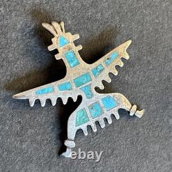 Zuni Knifewing Flush Inlay Turquoise Sterling Silver Brooch Older Vintage Dw