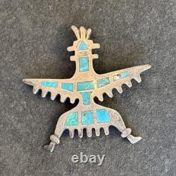 Zuni Knifewing Flush Inlay Turquoise Sterling Silver Brooch Older Vintage Dw
