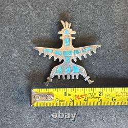 Zuni Knifewing Flush Inlay Turquoise Sterling Silver Brooch Older Vintage Dw