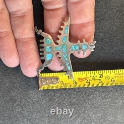 Zuni Knifewing Flush Inlay Turquoise Sterling Silver Brooch Older Vintage Dw