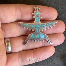 Zuni Knifewing Flush Inlay Turquoise Sterling Silver Brooch Older Vintage Dw