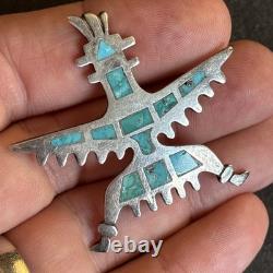 Zuni Knifewing Flush Inlay Turquoise Sterling Silver Brooch Older Vintage Dw