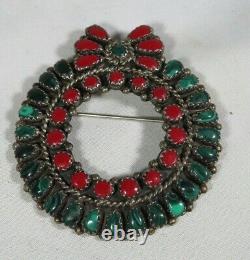 Zuni LF Vintage Sterling Silver and Coral Wreath Petite Point Brooch/Pendant