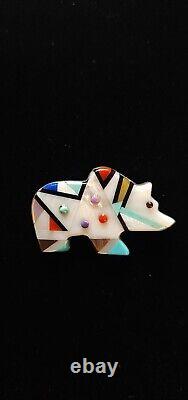 Zuni Lawrence Ohmsatte Multi Stone Inlay Bear Sterling Silver Pin Pendant Brooch