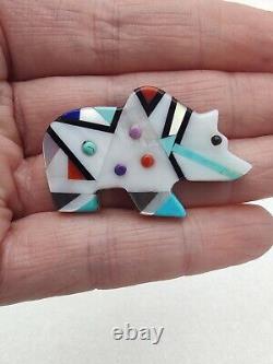 Zuni Lawrence Ohmsatte Multi Stone Inlay Bear Sterling Silver Pin Pendant Brooch