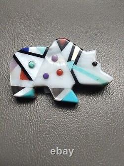 Zuni Lawrence Ohmsatte Multi Stone Inlay Bear Sterling Silver Pin Pendant Brooch