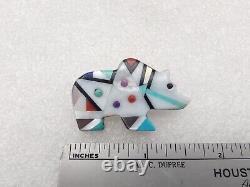 Zuni Lawrence Ohmsatte Multi Stone Inlay Bear Sterling Silver Pin Pendant Brooch