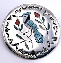 Zuni Native American Blue Jay Inlay Sterling Silver Pendant Pin Guardian Booqua