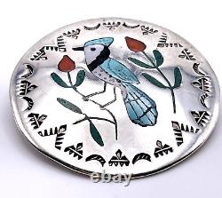 Zuni Native American Blue Jay Inlay Sterling Silver Pendant Pin Guardian Booqua