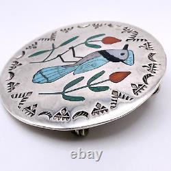 Zuni Native American Blue Jay Inlay Sterling Silver Pendant Pin Guardian Booqua