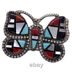 Zuni Native American Inlay Gemstones Butterfly Pin Brooch Pendant Signed Silver