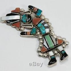 Zuni Native American Rainbow Man Pin Brooch, Coral, Turquoise, Sterling Silver