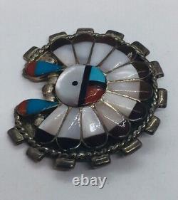 Zuni Native American Sterling Silver Mother Pearl Turquoise Sunface Pin Pendant