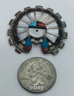 Zuni Native American Sterling Silver Mother Pearl Turquoise Sunface Pin Pendant
