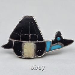 Zuni Native American Sterling Silver Multi Stone Inlay Turtle Pin Brooch Pendant