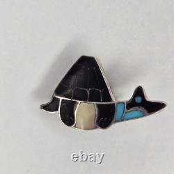 Zuni Native American Sterling Silver Multi Stone Inlay Turtle Pin Brooch Pendant