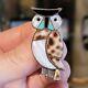 Zuni Native American Sterling Silver Turquoise Shell Inlay Brooch Owl Pin Signed