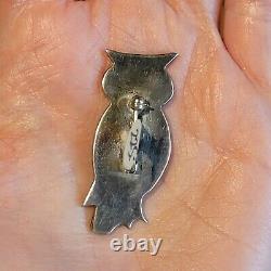 Zuni Native American Sterling Silver Turquoise Shell Inlay Brooch Owl Pin Signed