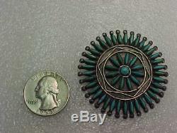 Zuni Navajo Old Pawn Sterling Silver Turquoise Petit Point Brooch / Pin 1 7/8