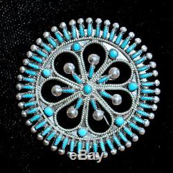 Zuni Needlepoint Turquoise & S/Silver Pendant/Pin by Vincent Johnson, 1.75dia