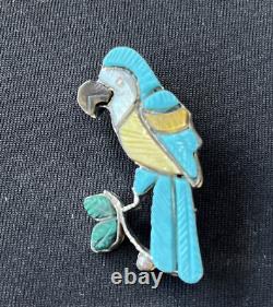 Zuni PARROT Pin/Pendant Carved Multistone Inlay Artist Lonjose 1 5/8 Sterling