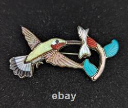 Zuni PINTO Sterling Silver Turquoise MOP Inlay Hummingbird Pendant Pin Signed