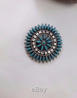 Zuni Petit Point Pin Or Pendant Turquoise, Sterling Silver, Braid And Drops