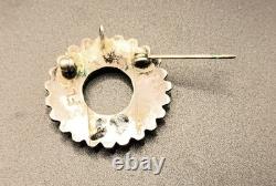 Zuni Petit Point Sunburst Brooch Sterling Silver Native American Pin Signed FL