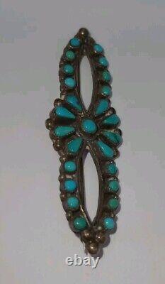 Zuni Petit Point Turquoise Sterling Silver Pin Brooch Vintage 2 Long