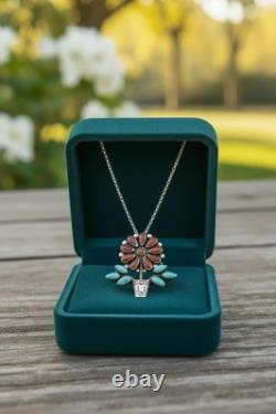 Zuni RQ Panteah NA Sterling Silver Turquoise & Coral Pendant/Brooch + SS Chain