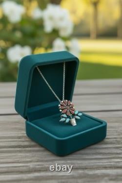 Zuni RQ Panteah NA Sterling Silver Turquoise & Coral Pendant/Brooch + SS Chain