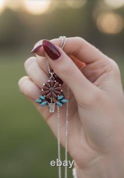 Zuni RQ Panteah NA Sterling Silver Turquoise & Coral Pendant/Brooch + SS Chain