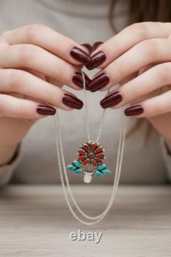 Zuni RQ Panteah NA Sterling Silver Turquoise & Coral Pendant/Brooch + SS Chain