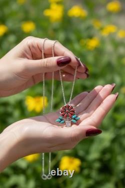 Zuni RQ Panteah NA Sterling Silver Turquoise & Coral Pendant/Brooch + SS Chain