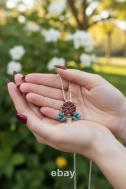 Zuni RQ Panteah NA Sterling Silver Turquoise & Coral Pendant/Brooch + SS Chain