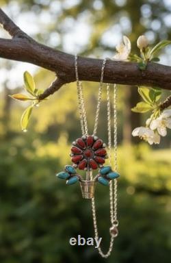 Zuni RQ Panteah NA Sterling Silver Turquoise & Coral Pendant/Brooch + SS Chain