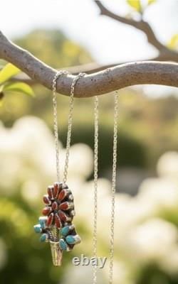 Zuni RQ Panteah NA Sterling Silver Turquoise & Coral Pendant/Brooch + SS Chain