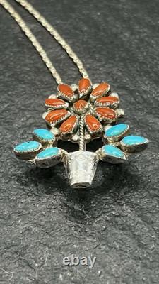 Zuni RQ Panteah NA Sterling Silver Turquoise & Coral Pendant/Brooch + SS Chain