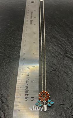 Zuni RQ Panteah NA Sterling Silver Turquoise & Coral Pendant/Brooch + SS Chain