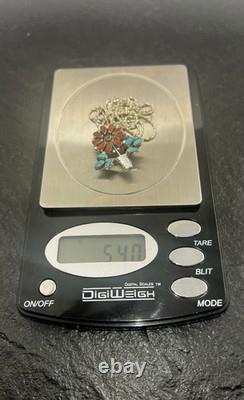 Zuni RQ Panteah NA Sterling Silver Turquoise & Coral Pendant/Brooch + SS Chain