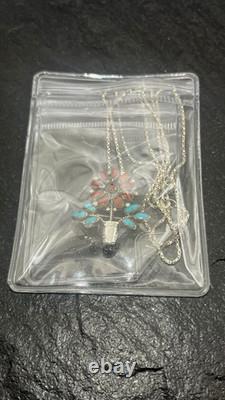 Zuni RQ Panteah NA Sterling Silver Turquoise & Coral Pendant/Brooch + SS Chain