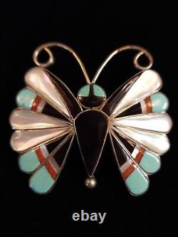 Zuni Sara Edaakie Sterling Silver Turquoise Inlay Butterfly Pendant Pin Brooch