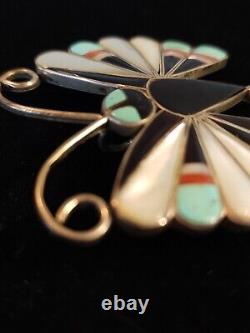 Zuni Sara Edaakie Sterling Silver Turquoise Inlay Butterfly Pendant Pin Brooch