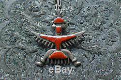 Zuni Signed Sterling Silver Knifewing Pin Necklace Coral Pin American Indian