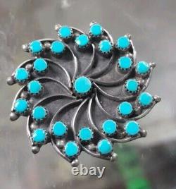 Zuni Signed Sterling Silver Turquoise Swirl Pendant Pin Brooch Vintage