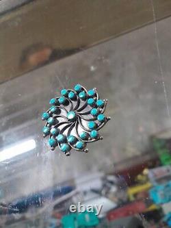 Zuni Signed Sterling Silver Turquoise Swirl Pendant Pin Brooch Vintage