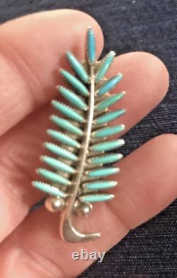 Zuni Silver Turquoise Feather Needlepoint Brooch Pendant Native Waatsa Vintage