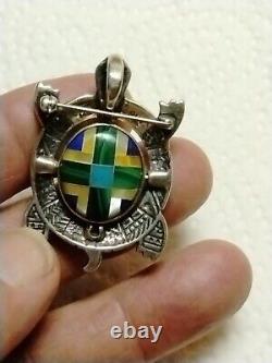 Zuni Stamped Multi Color Inlaid Turtle Pin / Pendant Sterling / 14K 22.3 Grms